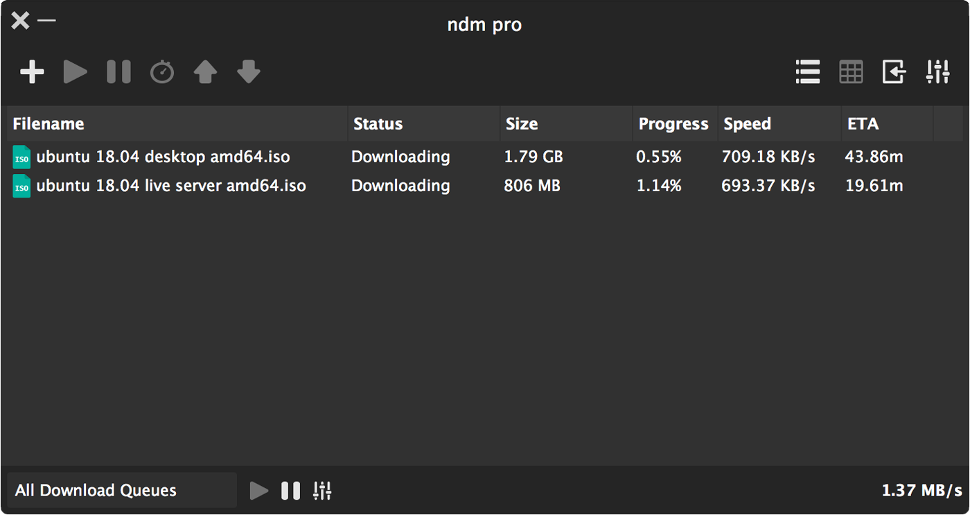 The NDM main window showing two downloads in progress